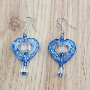 Blue Heart Dangle Earrings Clear Beads Acrylic Boho Long Drop 2.25" Cute Fun